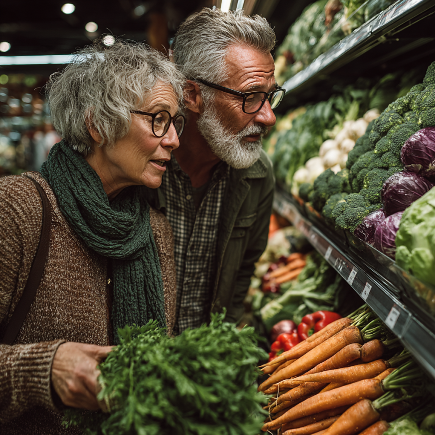 Възрастна двойка готви здравословна храна